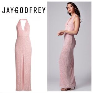 JayGodfrey Valentina Pink Sequin Halter Dress with Front Slit